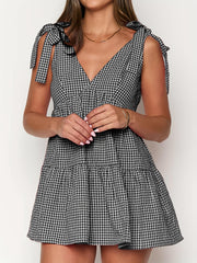 TECCULI Vestido mini Y2K con lazo en los hombros, estilo babydoll fluido con volantes y lazo, vestido floral bohemio para salir de verano.