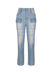 TECCULI ICON Women's Multi-Pocket Washed Flare Cargo Jeans