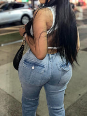 TECCULI ICON Women's Multi-Pocket Washed Flare Cargo Jeans