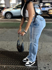 TECCULI ICON Women's Multi-Pocket Washed Flare Cargo Jeans