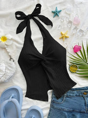 TECCULI Soleia Fashionable Sexy Halter Tie-Up Twisted Hem Slit Open Back Camisole