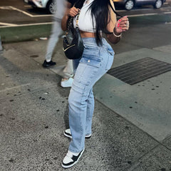 TECCULI ICON Women's Multi-Pocket Washed Flare Cargo Jeans