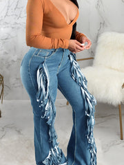 TECCULI Jeans Women High Waisted Ripped Hole Side Ruffle Hem Distressed Classic Jean Pants
