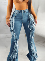 TECCULI Jeans Women High Waisted Ripped Hole Side Ruffle Hem Distressed Classic Jean Pants