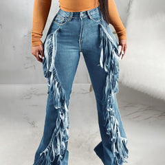 TECCULI Jeans Women High Waisted Ripped Hole Side Ruffle Hem Distressed Classic Jean Pants