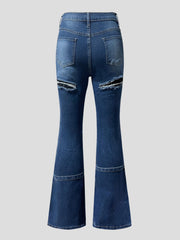 TECCULI Tween Girl Vintage Boho Urban Dark Wash Destroy Elastic Waist Stretchy Flare Jeans With Flat Pockets, School, Campus, College