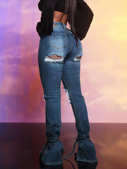 TECCULI Tween Girl Vintage Boho Urban Dark Wash Destroy Elastic Waist Stretchy Flare Jeans With Flat Pockets, School, Campus, College