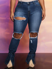 TECCULI Tween Girl Vintage Boho Urban Dark Wash Destroy Elastic Waist Stretchy Flare Jeans With Flat Pockets, School, Campus, College