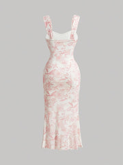 Vestido camisola TECCULI MOD con escote fruncido, dobladillo de sirena y malla floral superpuesta, vestidos pastel para mujer