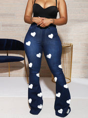 TECCULI White Heart Print High-Waisted Flare Long Denim Pants Women, Slightly Short Length, Suitable For Music Festivals