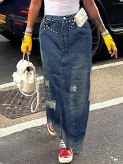 TECCULI NVFelix Women's Long Denim Skirt With Pockets, Split Hem