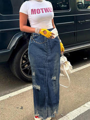 TECCULI NVFelix Women's Long Denim Skirt With Pockets, Split Hem