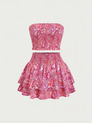 Conjunto de dos piezas de TECCULI Sweetra con top de tubo bordado y falda a capas, tejido Y2K