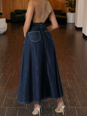 TECCULI Cottnline Letter Patched Denim Skirt