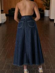 TECCULI Cottnline Letter Patched Denim Skirt