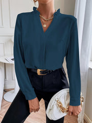 TECCULI RosyDaze Solid Notched Neck Shirt,Long Sleeve Tops