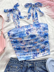 TECCULI MOD Summer Romantic Flower Printed Tie Shoulder Tank Top