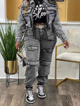 TECCULI Flap Pocket Side Cargo Denim Jeans Simple Fashionable Daily Casual