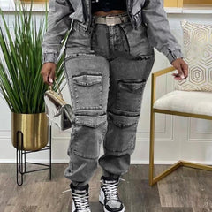 TECCULI Flap Pocket Side Cargo Denim Jeans Simple Fashionable Daily Casual