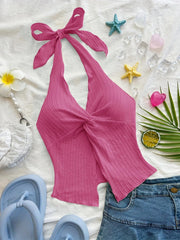 TECCULI Soleia Fashionable Sexy Halter Tie-Up Twisted Hem Slit Open Back Camisole