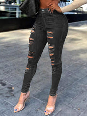 TECCULI Women's Casual Solid Color Distressed Skinny Jeans