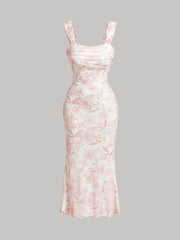 Vestido camisola TECCULI MOD con escote fruncido, dobladillo de sirena y malla floral superpuesta, vestidos pastel para mujer