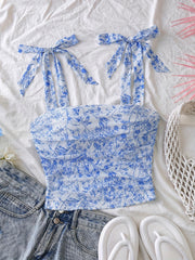 TECCULI MOD Summer Romantic Flower Printed Tie Shoulder Tank Top