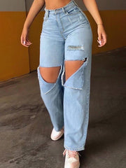 TECCULI Y2K Street Vintage Washed Blue High Waist Ripped Straight Leg Jeans Daily Casual Wear Denim Trousers