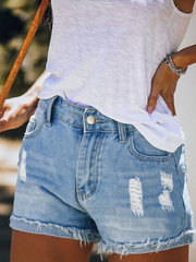 TECCULI Front Button Closure Multi-Pocket Distressed Vintage Washed Denim Shorts, Casual Everyday Wear, Spring/Summer