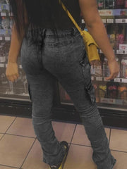 TECCULI SXY Women Casual Cargo Pocket Pleated Slim Fit Denim Jeans