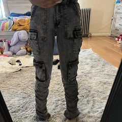 TECCULI SXY Women Casual Cargo Pocket Pleated Slim Fit Denim Jeans