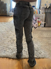 TECCULI SXY Women Casual Cargo Pocket Pleated Slim Fit Denim Jeans