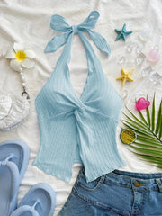 TECCULI Soleia Fashionable Sexy Halter Tie-Up Twisted Hem Slit Open Back Camisole