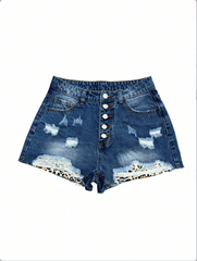 TECCULI Casual Leopard Print Patch Washed Ripped Denim Shorts