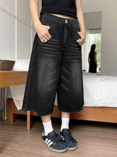 TECCULI Grunge Punk Y2K Street New Vintage Straight Mid-Length Washed Pocket Seam Detail Cat Whiskered Bermuda Jeans Denim Jorts Casual Shorts Cropped Trousers With Pockets For Women, School