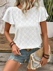 TECCULI Plus Size Women Flounce Sleeve Jacquard Clover Print T-Shirt, Fashion New Design