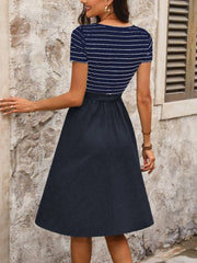 TECCULI Easowa - Vestido midi informal/festivo para mujer, fruncido, corte A, cuello redondo, sin mangas, ajustado, tejido texturizado a rayas, elegante para uso en exteriores e interiores. Vestidos de verano para mujer.