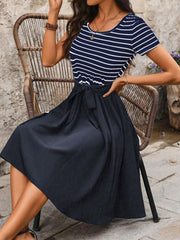 TECCULI Easowa - Vestido midi informal/festivo para mujer, fruncido, corte A, cuello redondo, sin mangas, ajustado, tejido texturizado a rayas, elegante para uso en exteriores e interiores. Vestidos de verano para mujer.