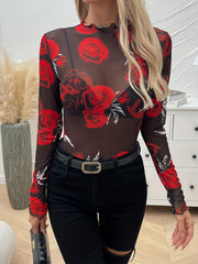 TECCULI Lavishia 1pc Floral Roses Mesh Top With Ruffle Trim