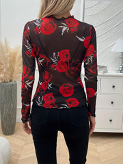 TECCULI Lavishia 1pc Floral Roses Mesh Top With Ruffle Trim