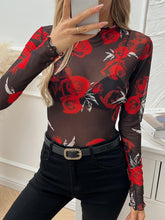 TECCULI Lavishia 1pc Floral Roses Mesh Top With Ruffle Trim