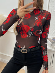 TECCULI Lavishia 1pc Floral Roses Mesh Top With Ruffle Trim