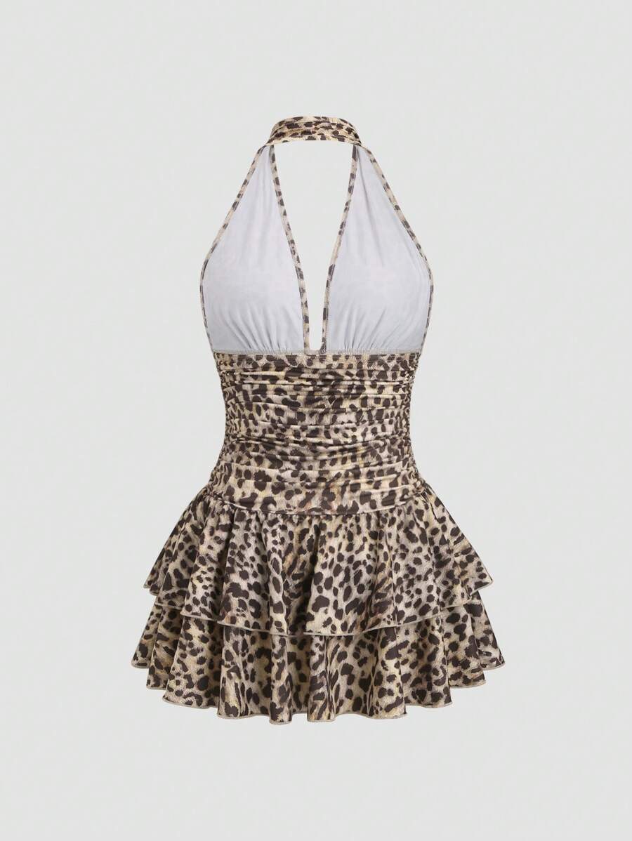 Vestido corto Sweetra de punto negro con cuello en V, espalda abierta, bajo con volantes y cintura fruncida, elegante e informal para mujer, primavera y verano.