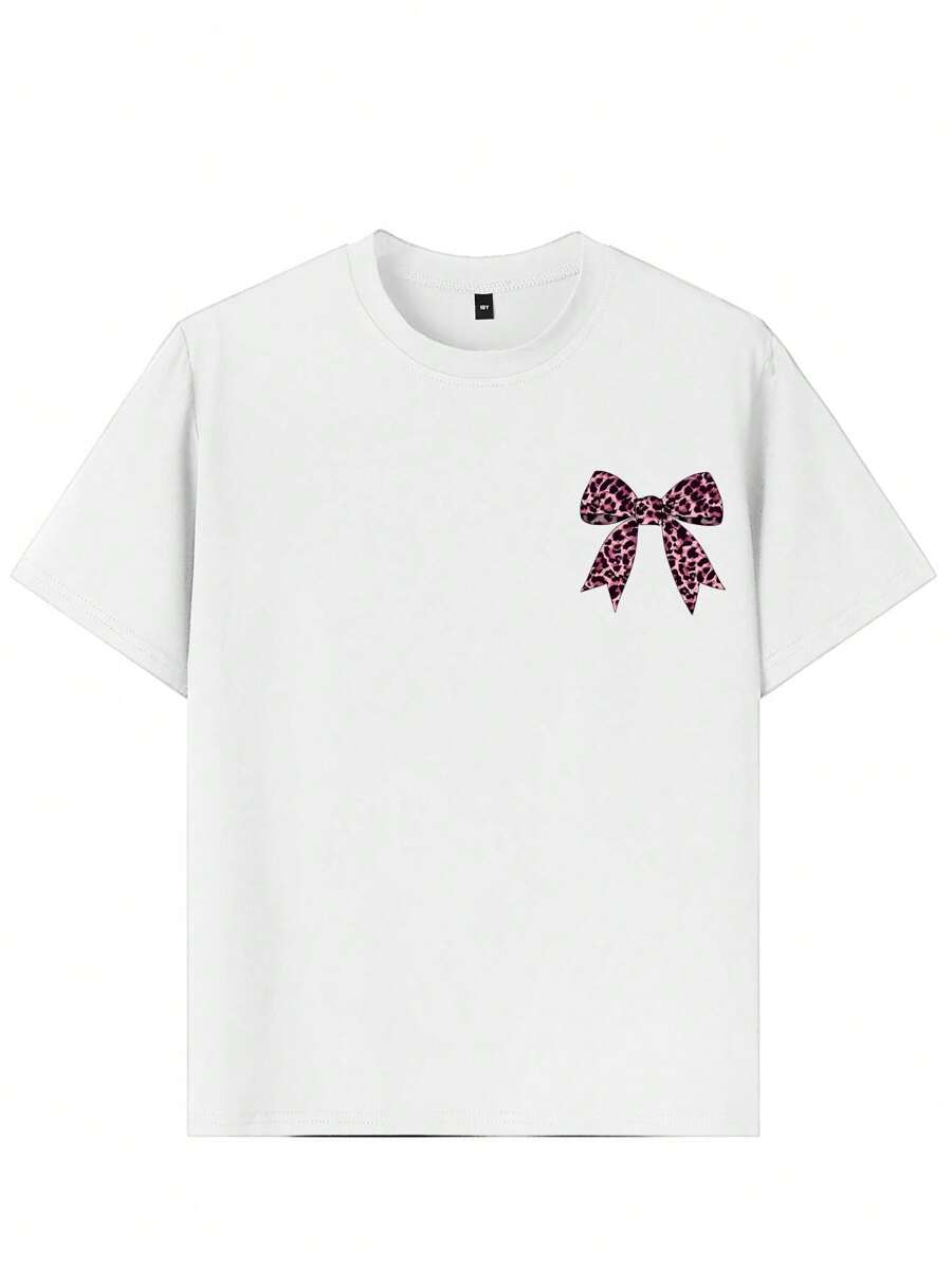 Camiseta de manga corta extragrande con estampado de leopardo y lazo para niña preadolescente, cómoda y moderna para el verano.