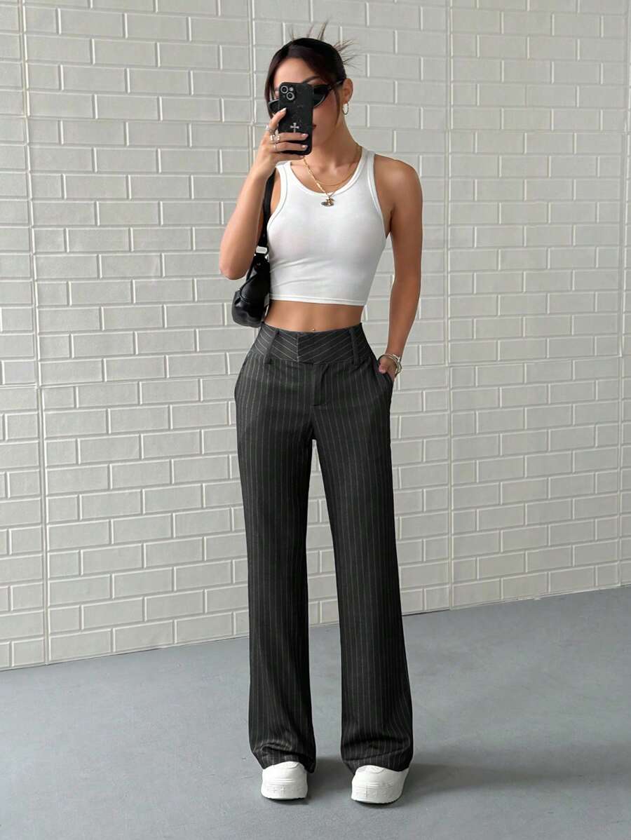 Pantalón de traje a rayas de cintura baja para mujer, elástico, con bolsillos laterales, para primavera y otoño.