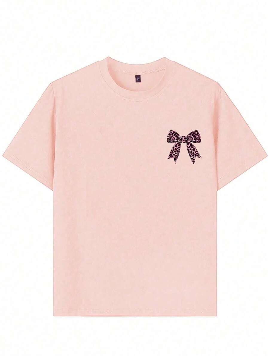 Camiseta de manga corta extragrande con estampado de leopardo y lazo para niña preadolescente, cómoda y moderna para el verano.