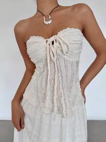 Siren Gaze - Top texturizado con volantes, lazo frontal y hombros descubiertos de color liso para mujer, atuendo para concierto, atuendos para rave, atuendo para festival, atuendo para concierto country, verano