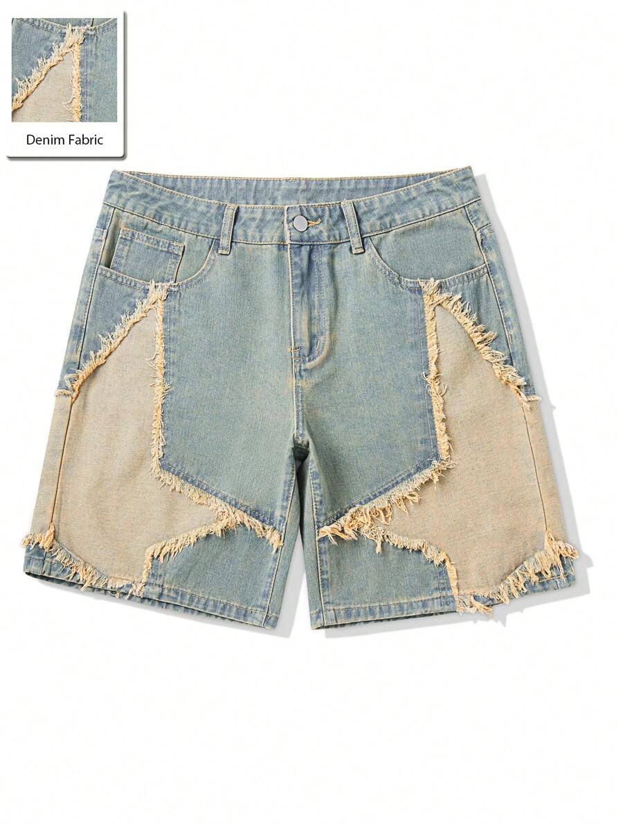 ROMWE MEN Street Life - Pantalones cortos vaqueros casuales versátiles con bolsillo y flecos de estrella de cinco puntas para hombre
