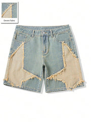 ROMWE MEN Street Life - Pantalones cortos vaqueros casuales versátiles con bolsillo y flecos de estrella de cinco puntas para hombre