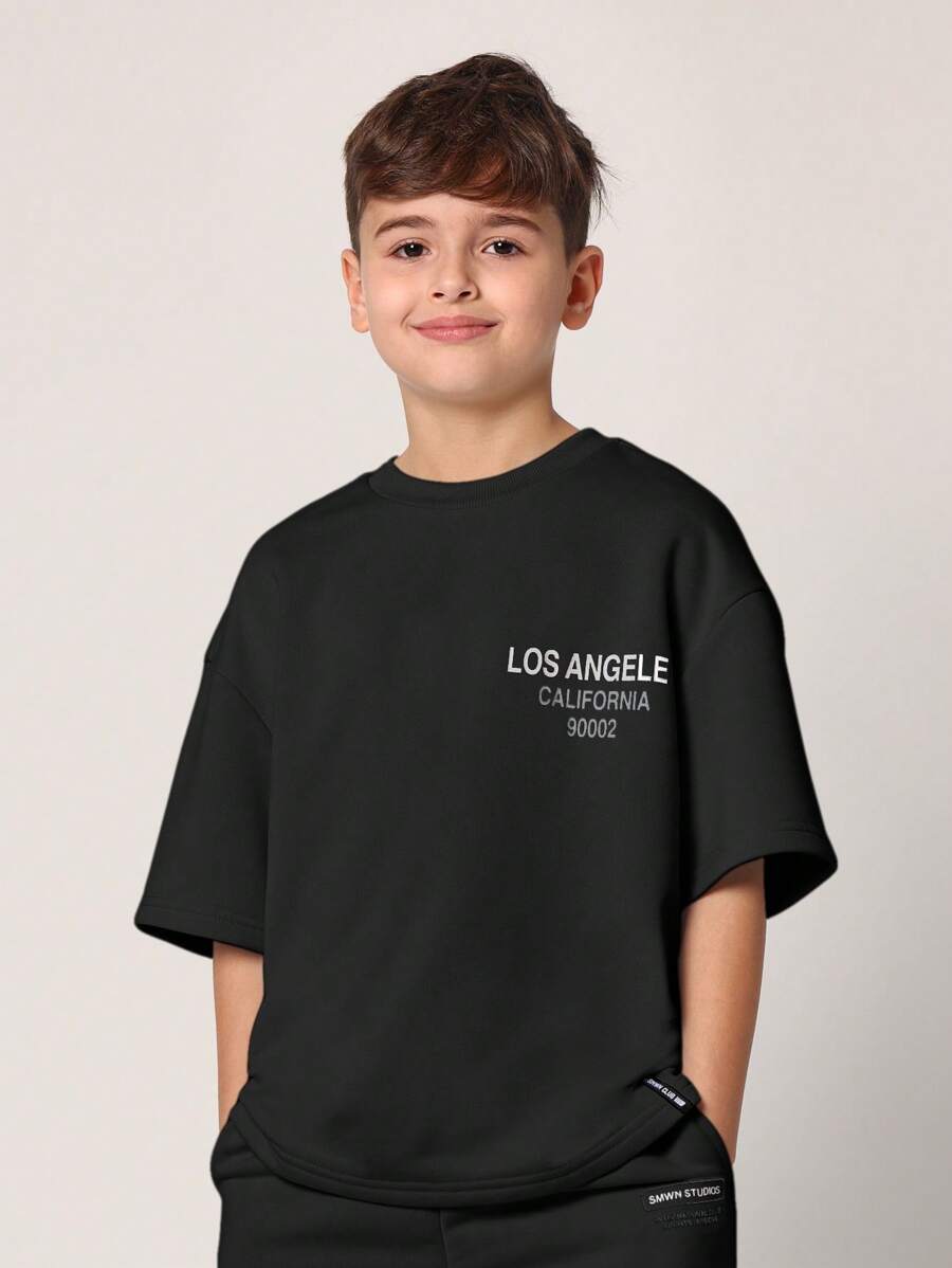 Conjunto deportivo de dos piezas para niños de SUMWON, ropa de estar por casa de Los Ángeles, California, estilo urbano atlético, informal, para entrenamiento de verano y primavera, conjunto a juego, pantalones cortos cómodos coordinados
